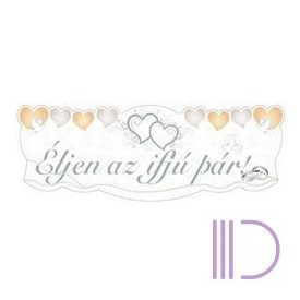   Éljen az ifjú pár! Szívek és Galambok Ezüst Esküvői Banner - 90 cm x 30 cm