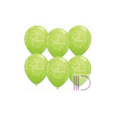 28 cm-es Sok Boldogságot Lime Green Virágmintás Lufi Esküvőre (25 db/csomag)