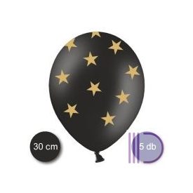 Fekete pasztel lufi, arany csillagokkal, 5 db/cs