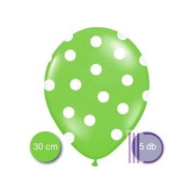 30 cm-es Pöttyös léggömb, lime zöld színben, 5 db/cs