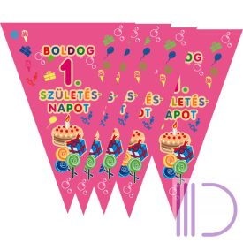 Zászló girland 1. szülinap, pink, 2,5 méter